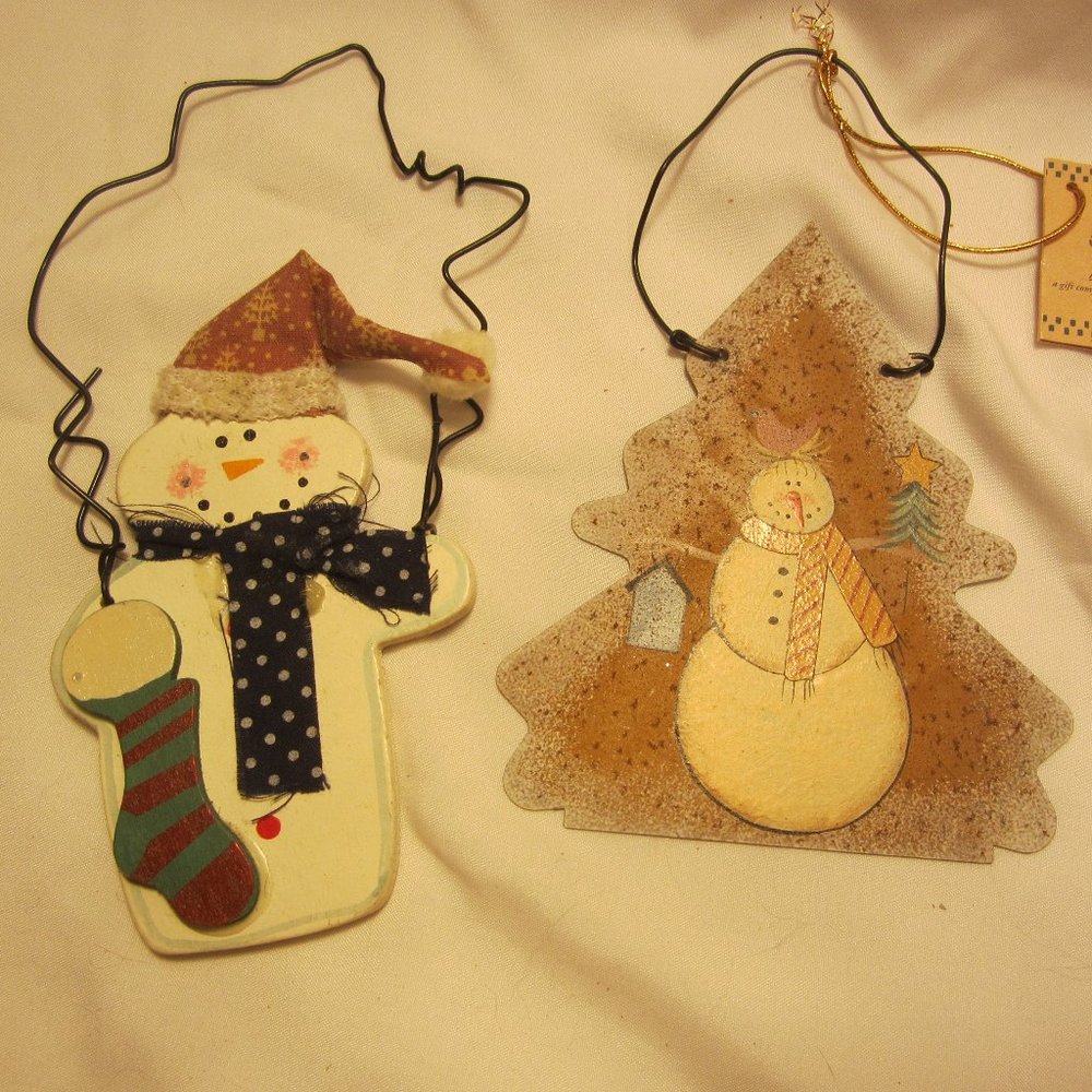 VTG RUSTIC SNOWMAN THEMED ORNAMENTS, SET OF 2